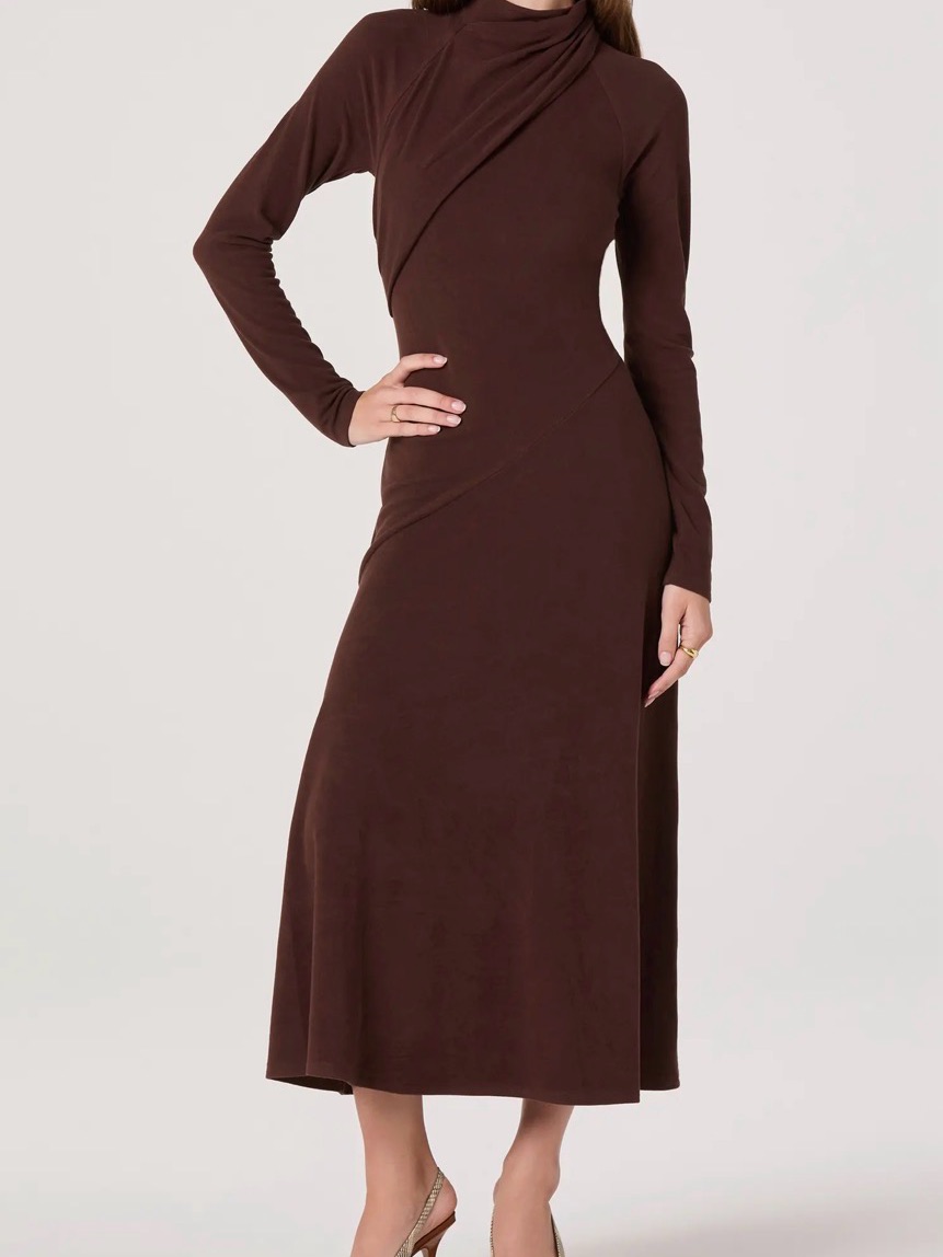Astr Long Sleeve Mock Neck Dress In Brown Org Retail $99 Size Large